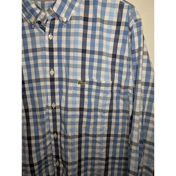Lacoste Mens Checked Regular Fit Button Down Shirt Size 46 XL Cotton Blue White - Picture 2 of 7